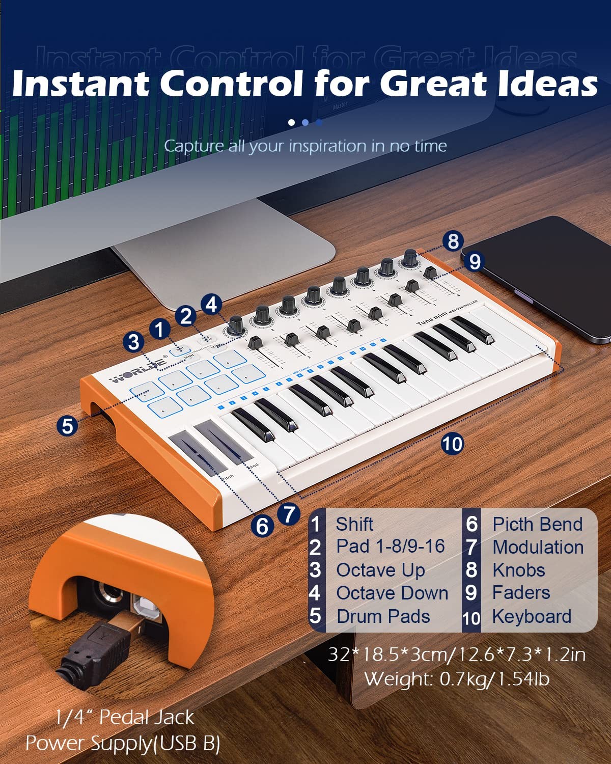 Vangoa Worlde 25 Key MIDI Keyboard Controller White 8 Knobs 8 Sliders