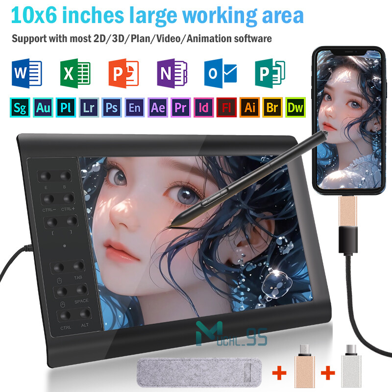 Digital Graphic Drawing Tablet w/ Battery-free Pen for Mac, Windows PC & Android