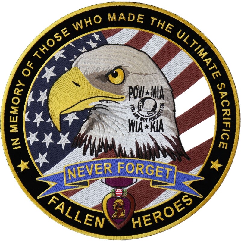 Back Patch (Iron-On), Fallen Military Heroes POW MIA WIA KIA Memorial, 12" Round