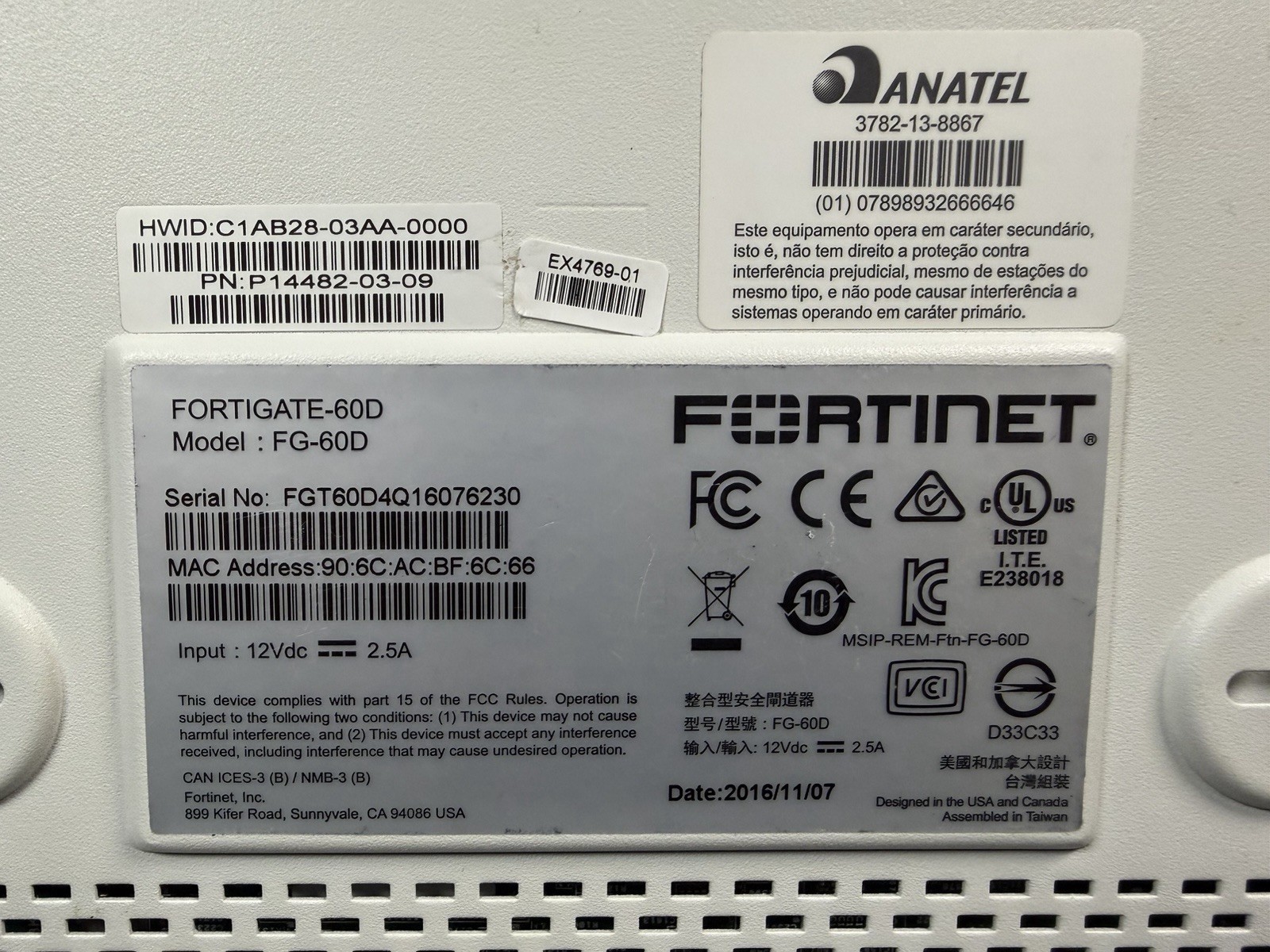 Fortinet Fortigate FG-60D Firewall Security Appliance / No Power Supply