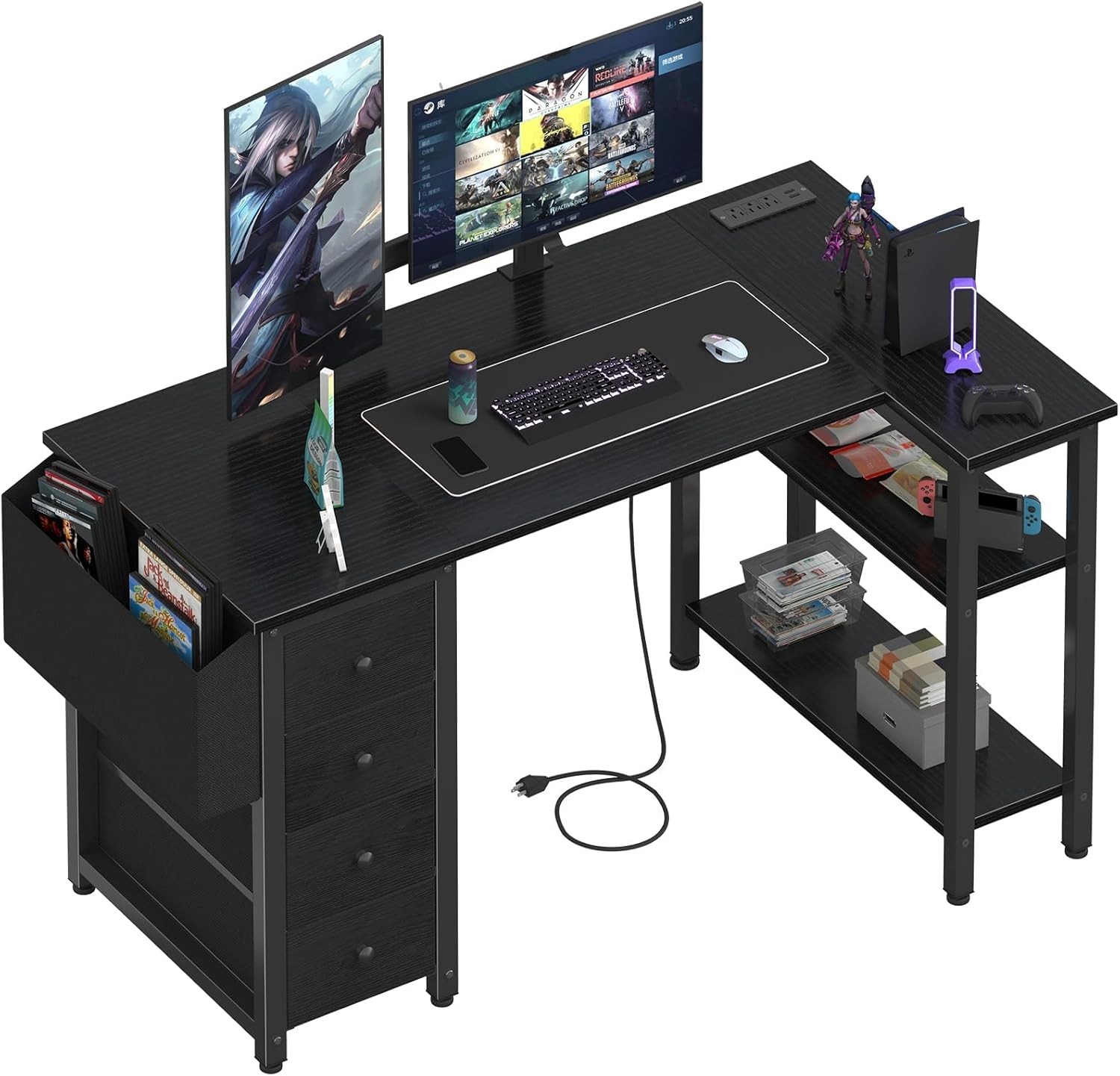 L Shaped Gaming Desk with Power Outlet, 47 Inch Reversible Corner Computer Desk