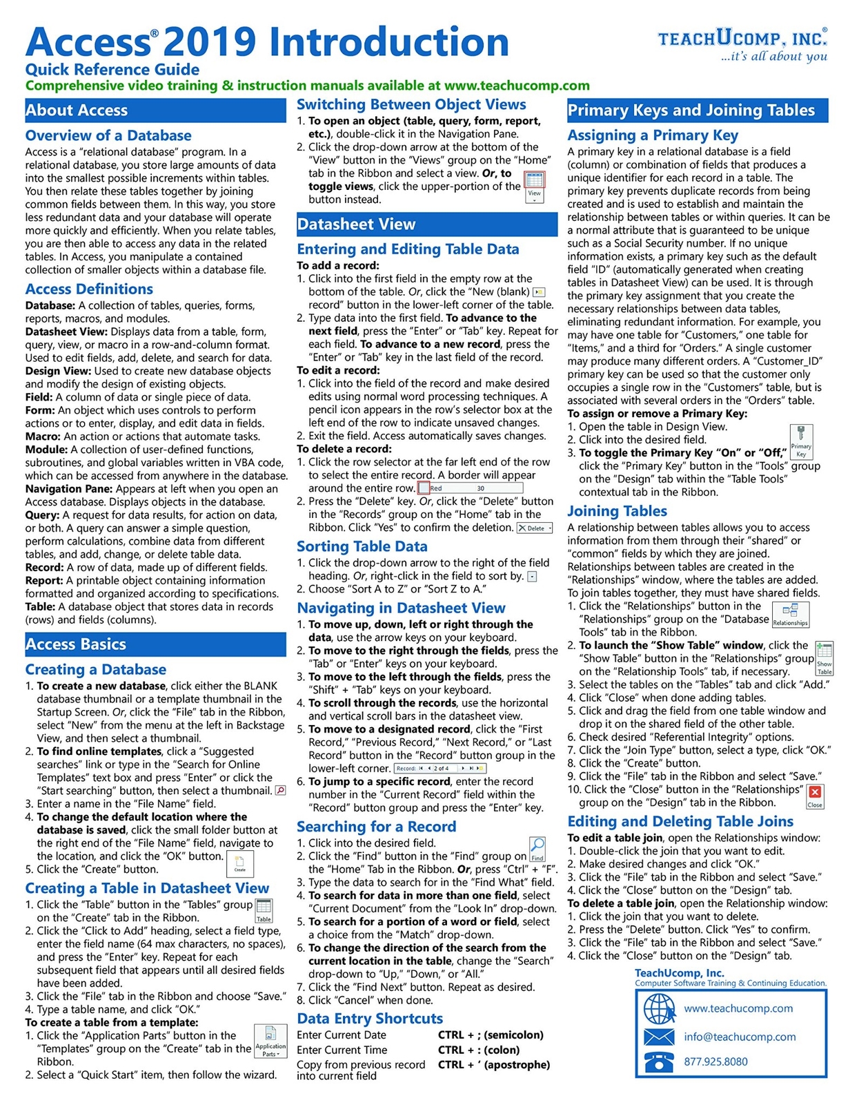Access 2019 Training Guide Quick Reference Card 2 Page Cheat Sheet Instructions