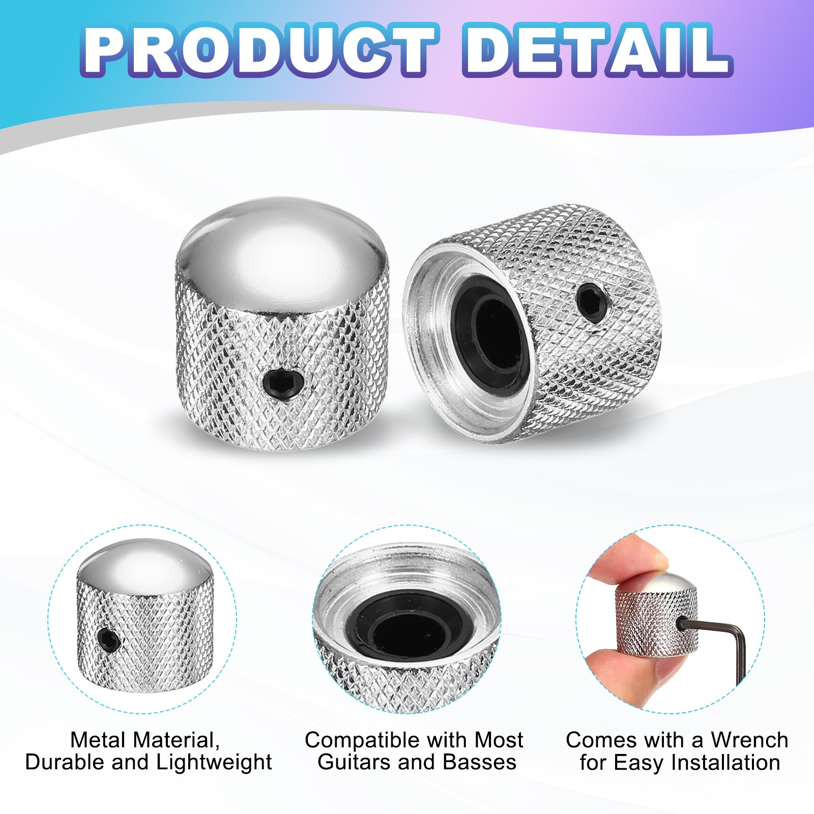 2 Pcs Silver Metal Guitar Knobs 1/4" Dome Knobs with Wrench