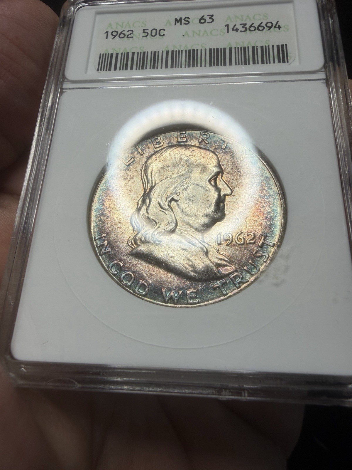 🌈 1962 Franklin Half Dollar MS63 ANACS Soapbox Old Holder Nice Colors @LOOK@