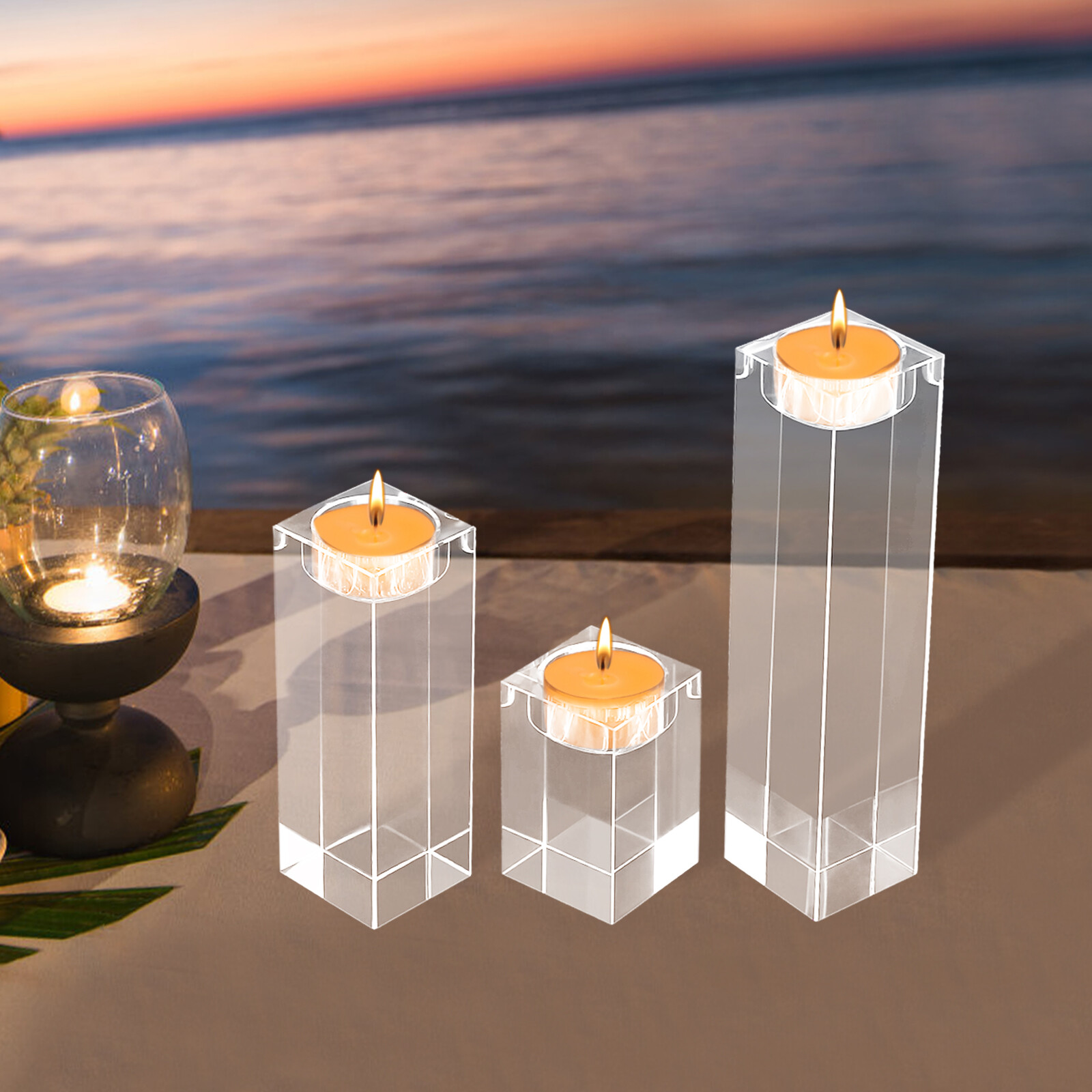 Set of 3 Glass Candle Holder, Crystal Clear Pillar Candle Stand 1.97"Square