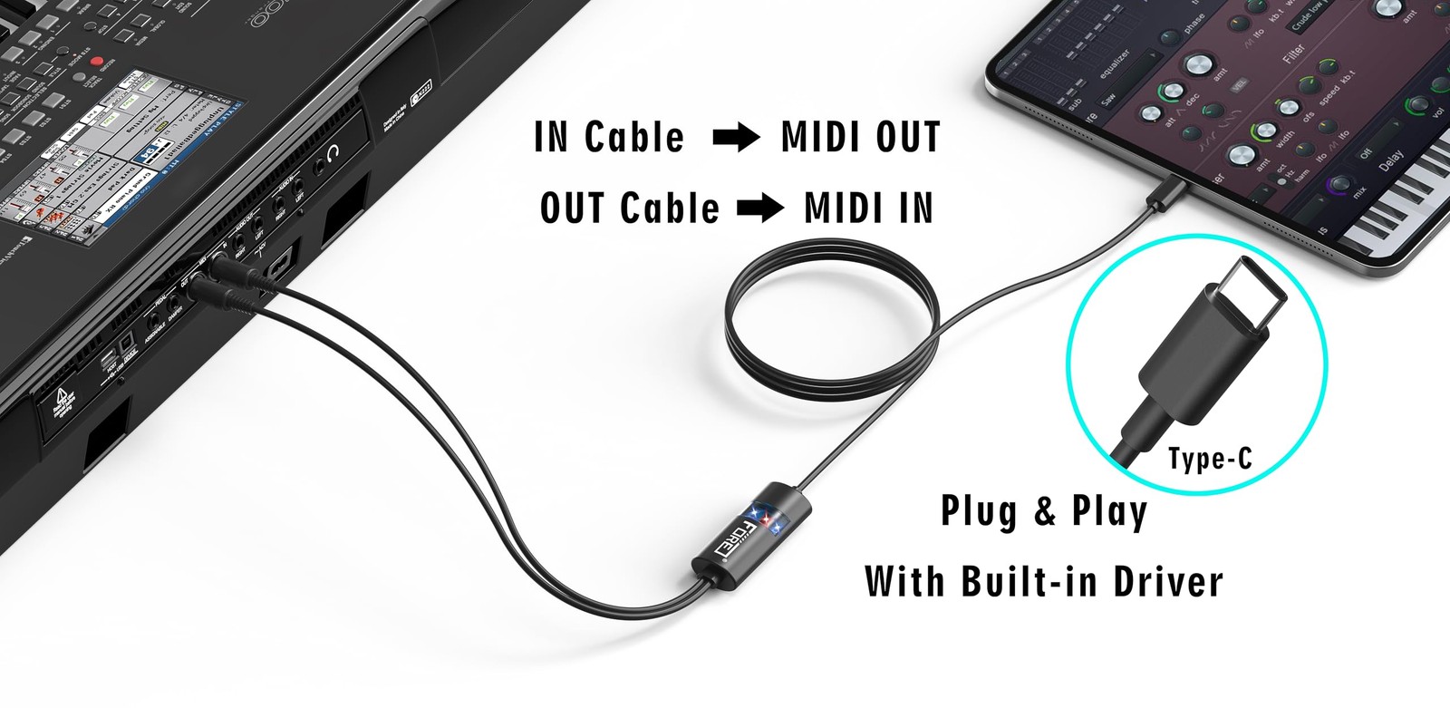 USB~C MIDI Interface Cable, In/Out, iOS/Android, Mac/Windows, 6.5ft