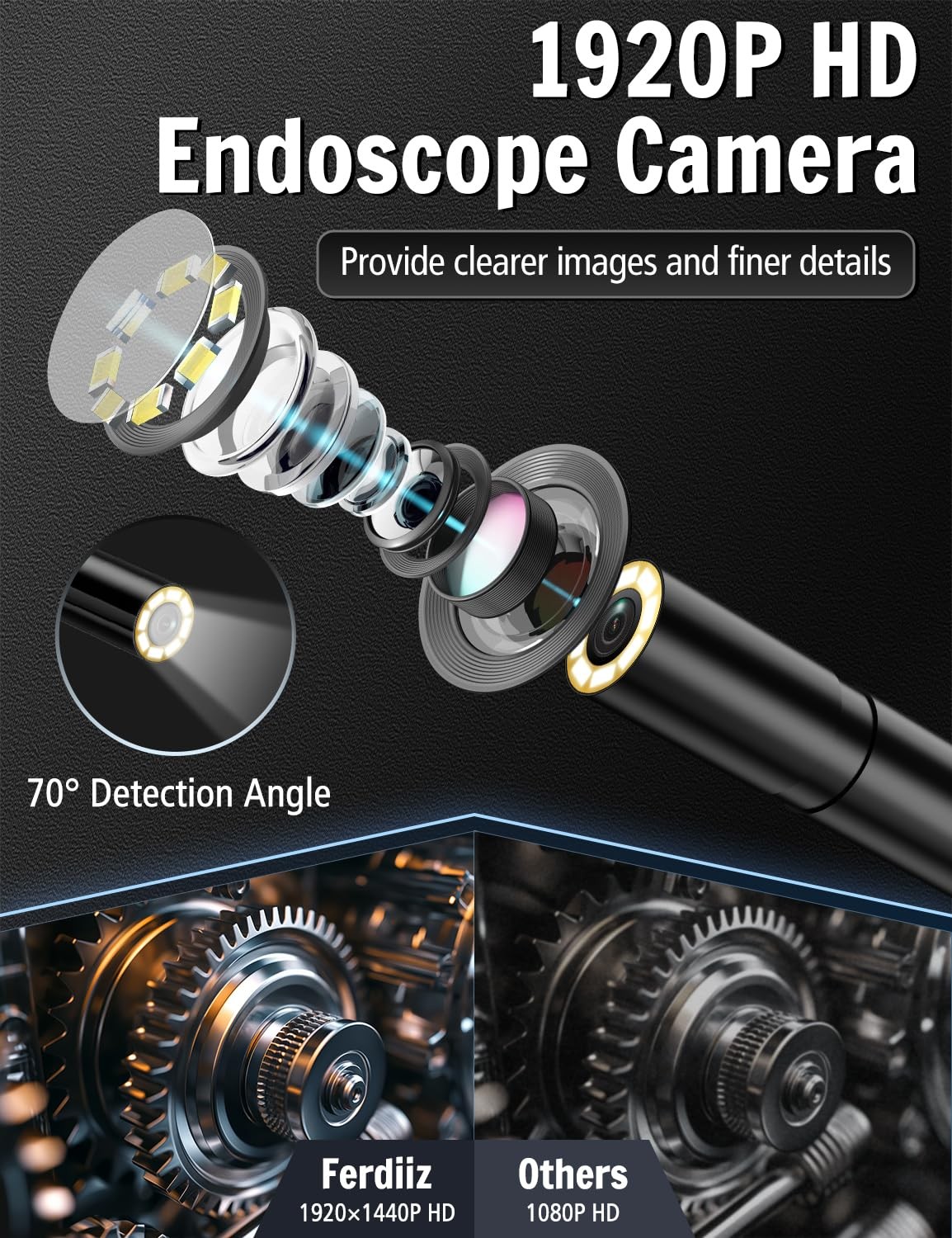 Endoscope Camera with Light, 1920P HD Borescope 8 Adjustable LED black