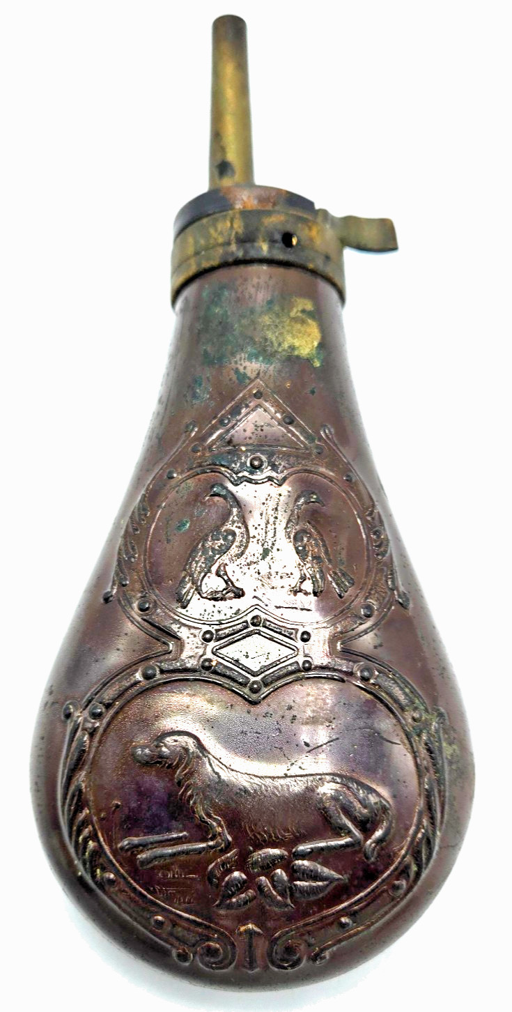 Embossed Copper Brass Gun Powder Flask Hunting Dog Turkeys Birds Militia Vintage