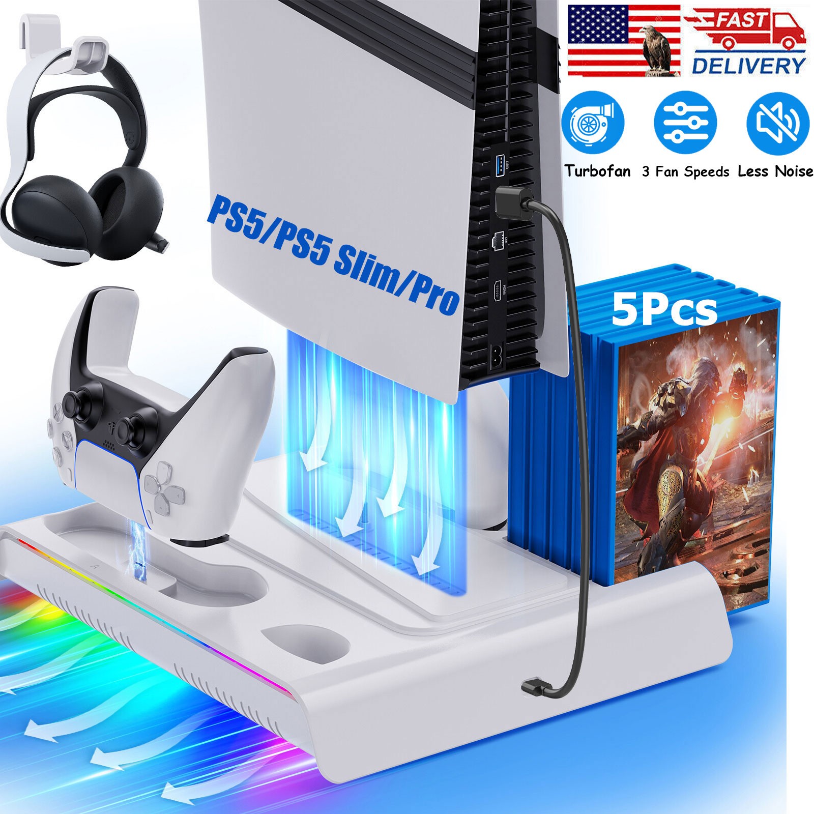 PS5 Stand Cooling Station for PS5/PS5 Slim Console With PS5 Controller Charger