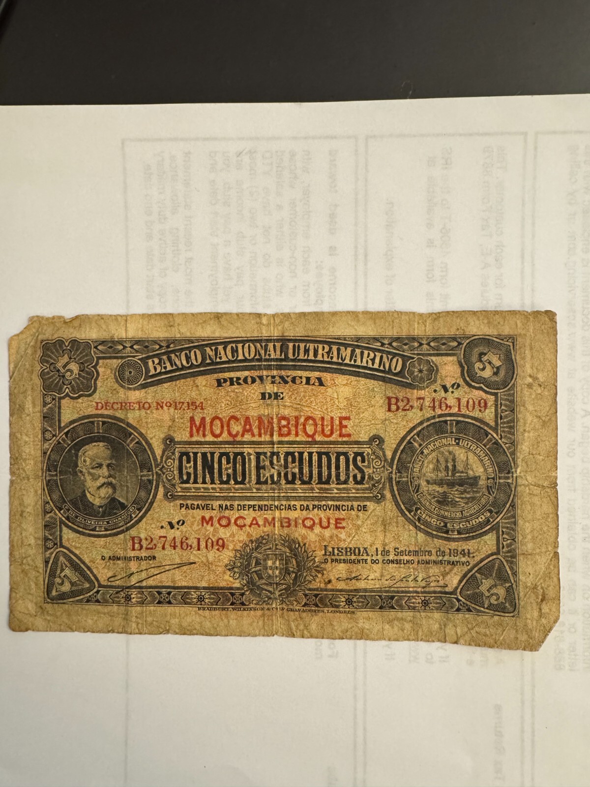 Banco Nacional Ultramarino  5 cinco escudos 1941