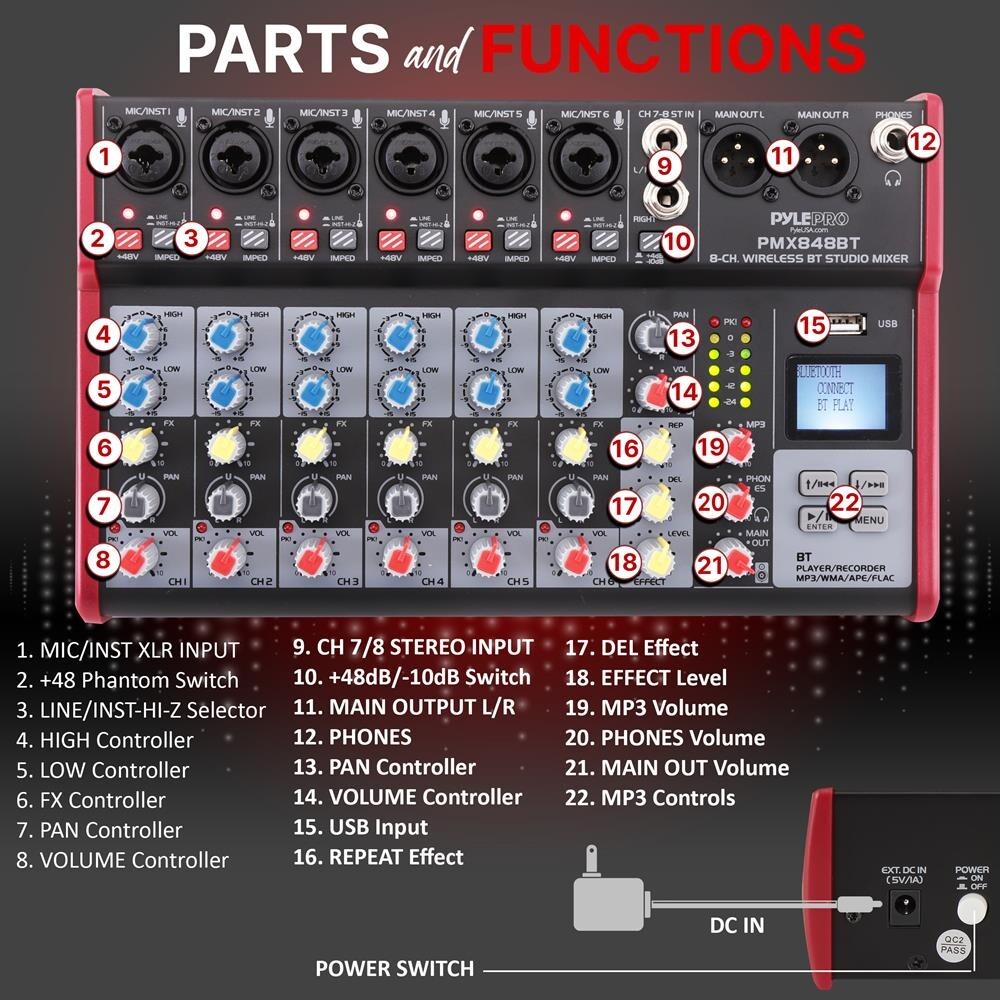 Pyle Professional 8-Channel Bluetooth Wireless DJ Mixer +48V PHANTOM POWER