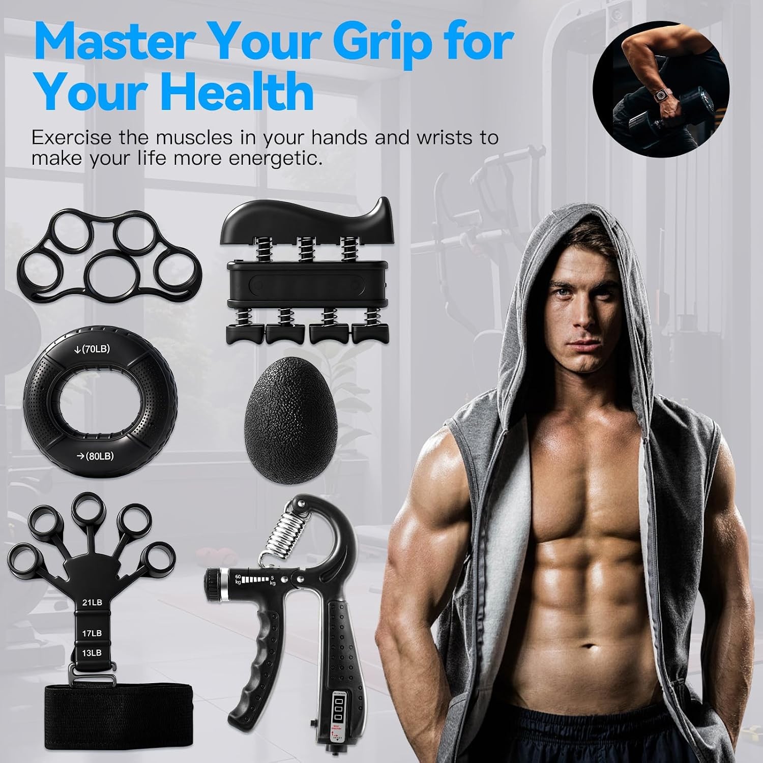 7PCS Grip Strength Trainer Kit, 2 Adjustable Forearm Resistance Grips, Finger
