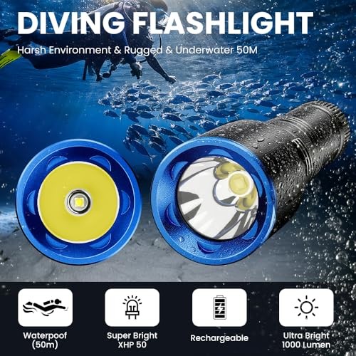 Scuba Diving Flashlight Dive Torch,High Lumens Black With Blue Accent