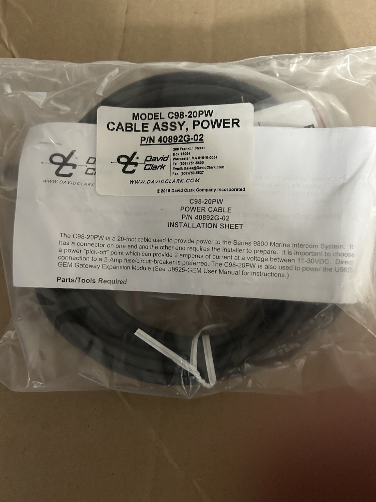 NEW David Clark C98-20PW