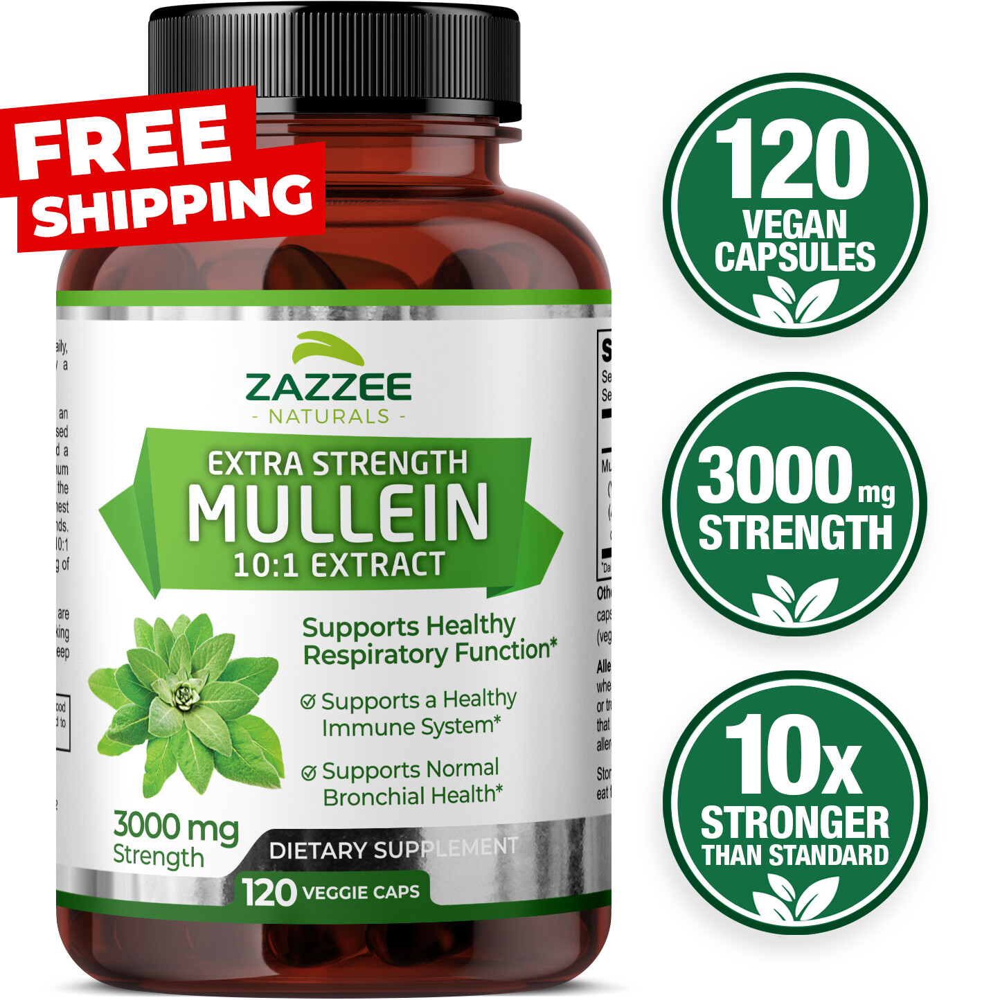 Zazzee Mullein 10:1 Extract, 3000 mg Strength, 120 Vegan Capsules, Kosher