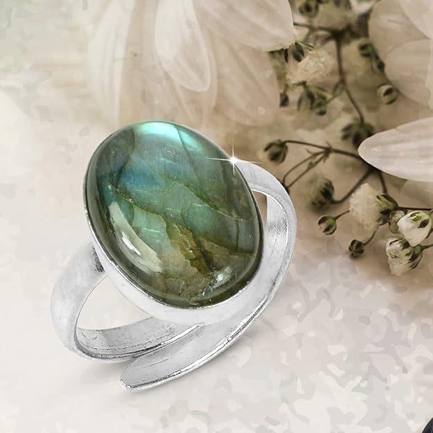 Natural Rainbow Labradorite Gemstone Ring 925 Silver Handmade Adjustable Ring