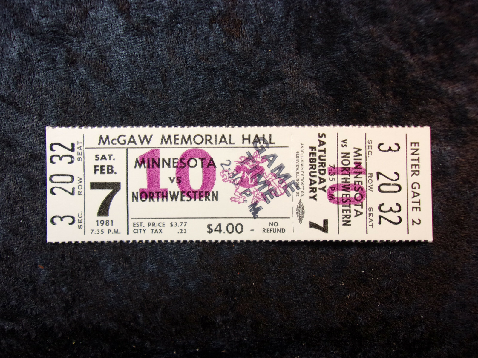 Vintage Feb. 7, 1981 Northwestern vs Minnesota Basketball Ticket UNUSED T26