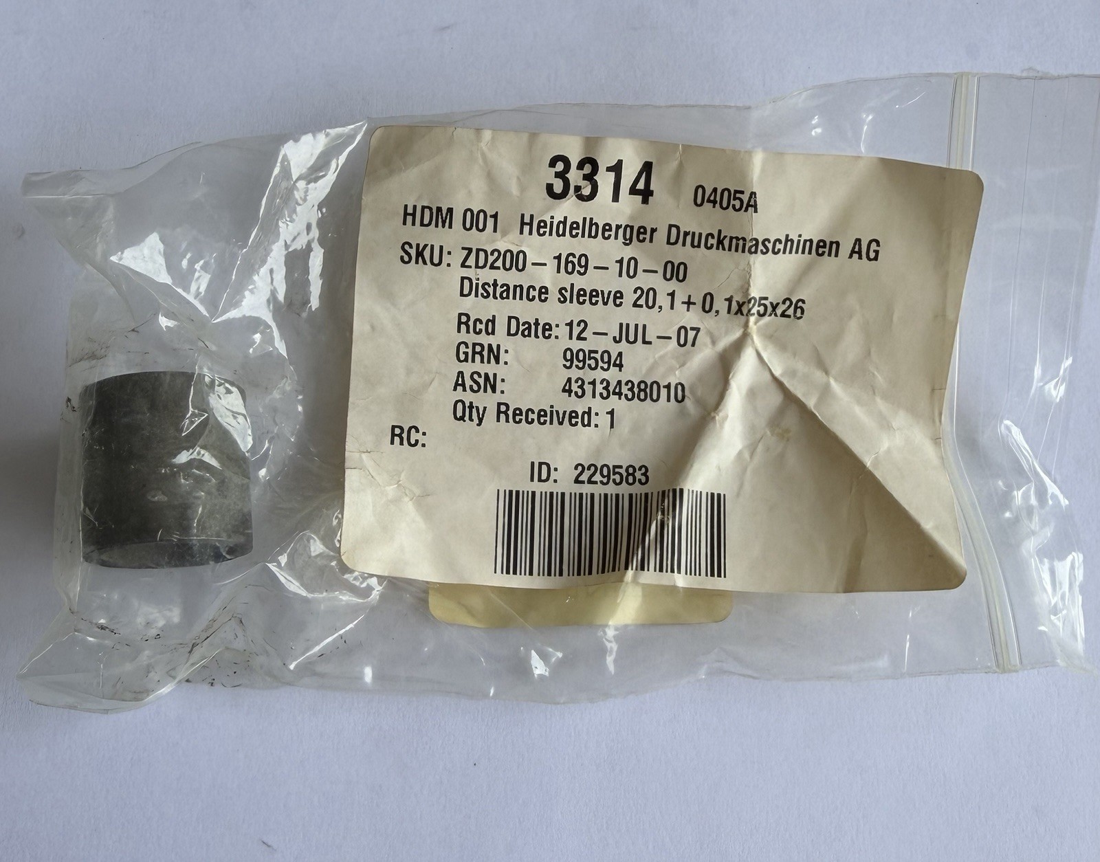 Heidelberg ZD.200-169-10-00 (ZD200-169-10-00) Distance Sleeve Spacer