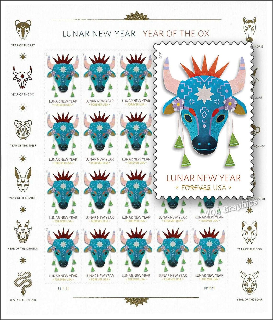 Year of The Ox Lunar New Year: Postage Stamps Pane 20 One Sheet