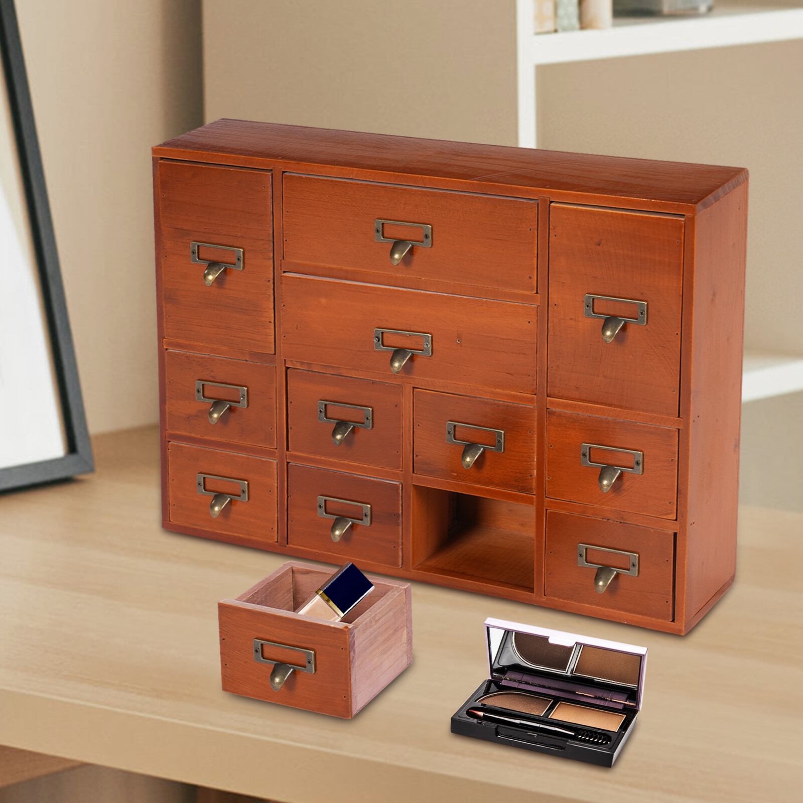 12 Drawers Wooden Desktop Organizer Home Storage Case Cosmetic Dresser Box new