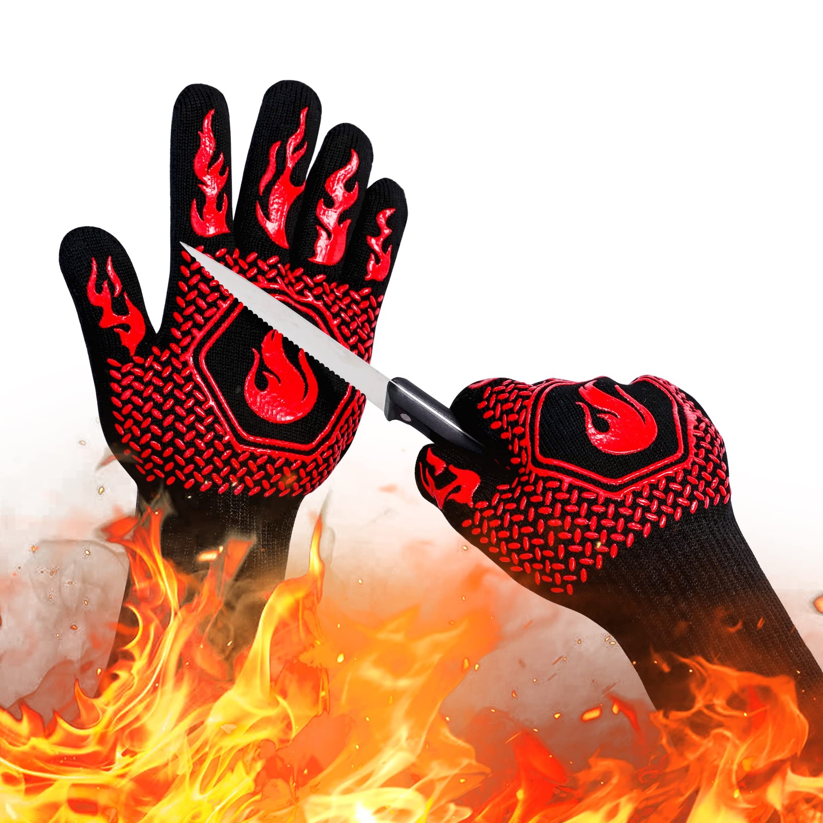 BBQ Fireproof Gloves, Grill Cut-Resistant 1472°F Heat Resistant Red