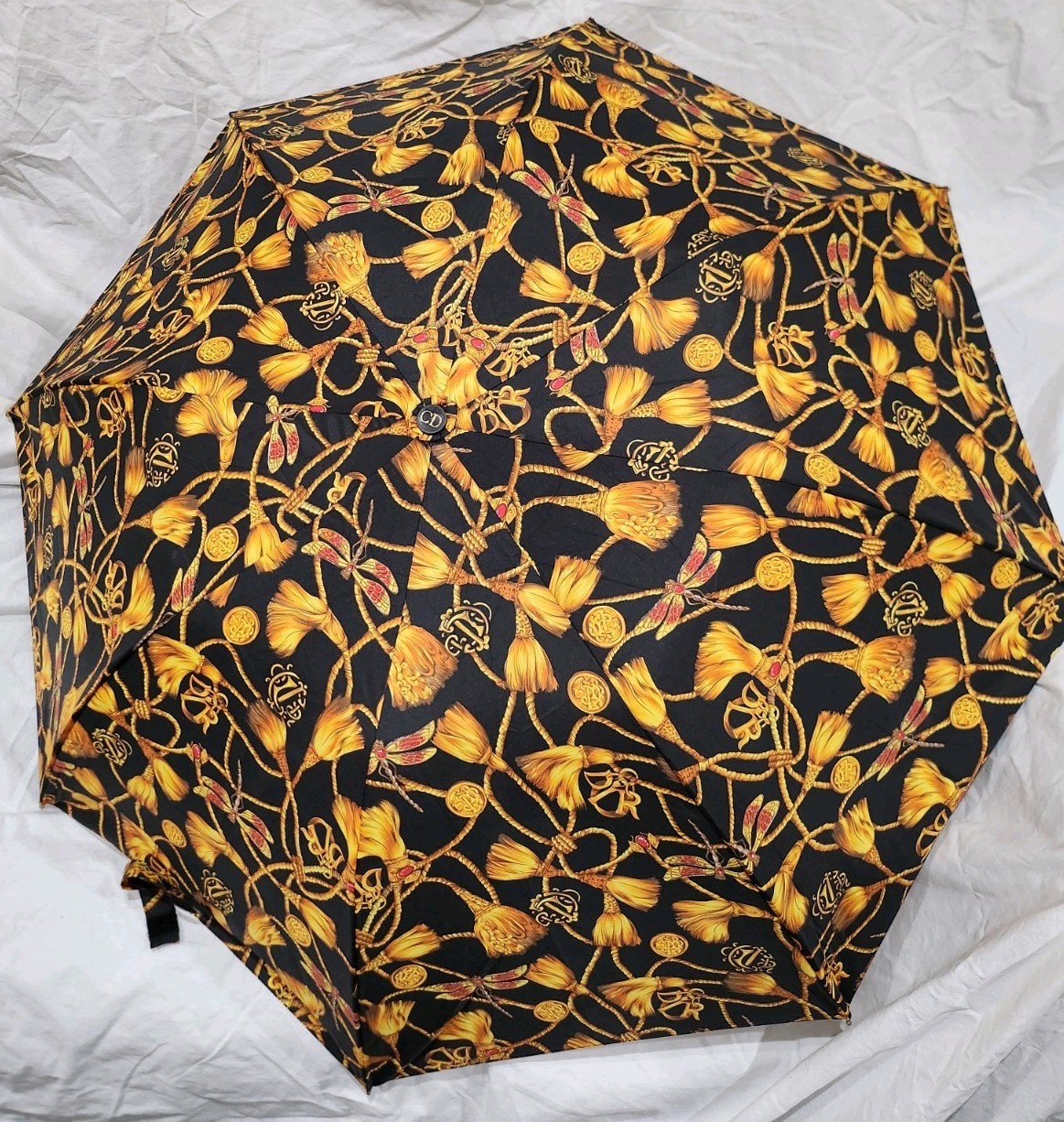 VINTAGE DRAGONFLY CHRISTIAN DIOR FOLDING UMBRELLA BLACK AND GOLD WITH TAG