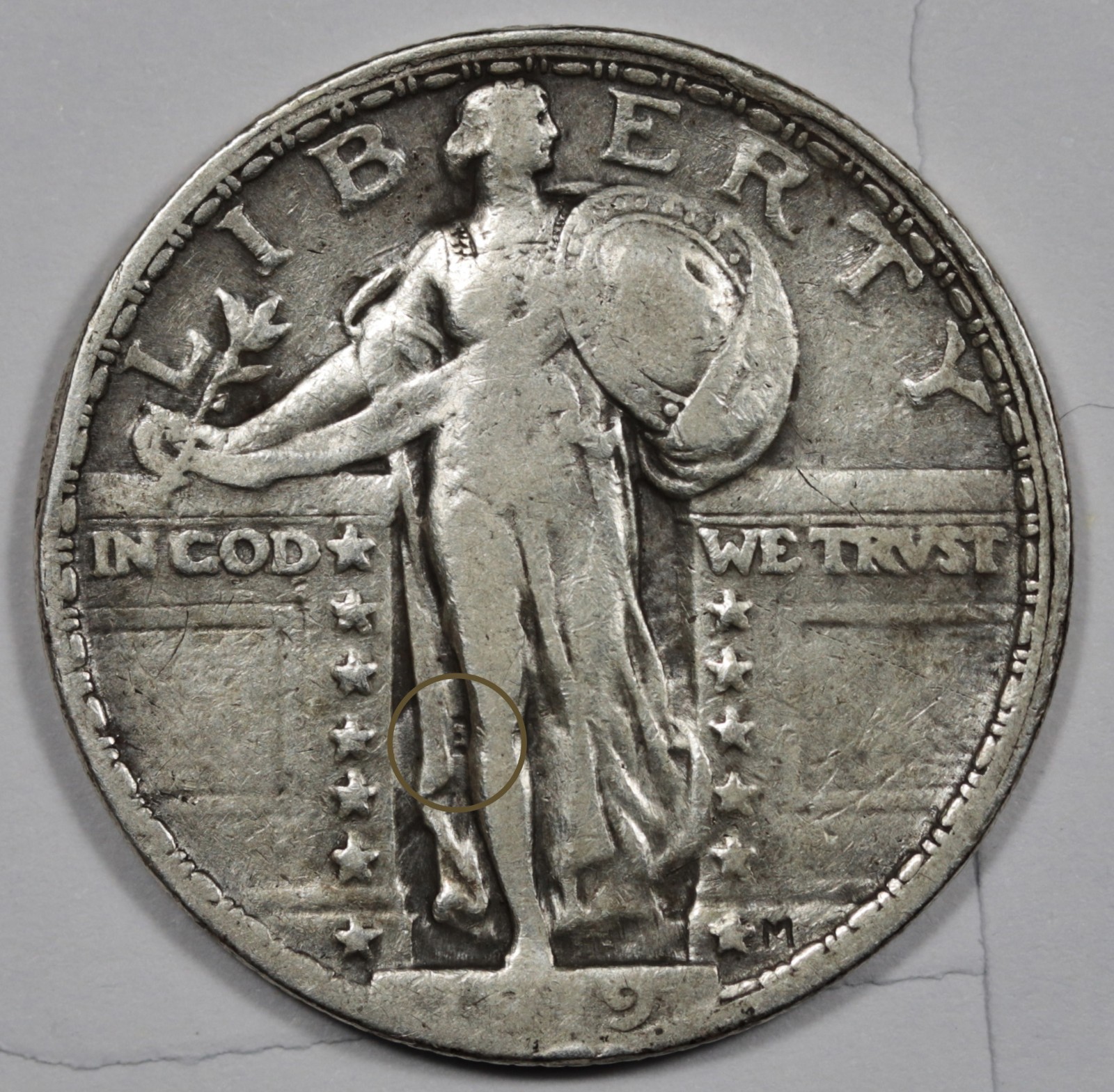 1919 Standing Liberty Quarter.  Error Clashed "E".  VF.  207632