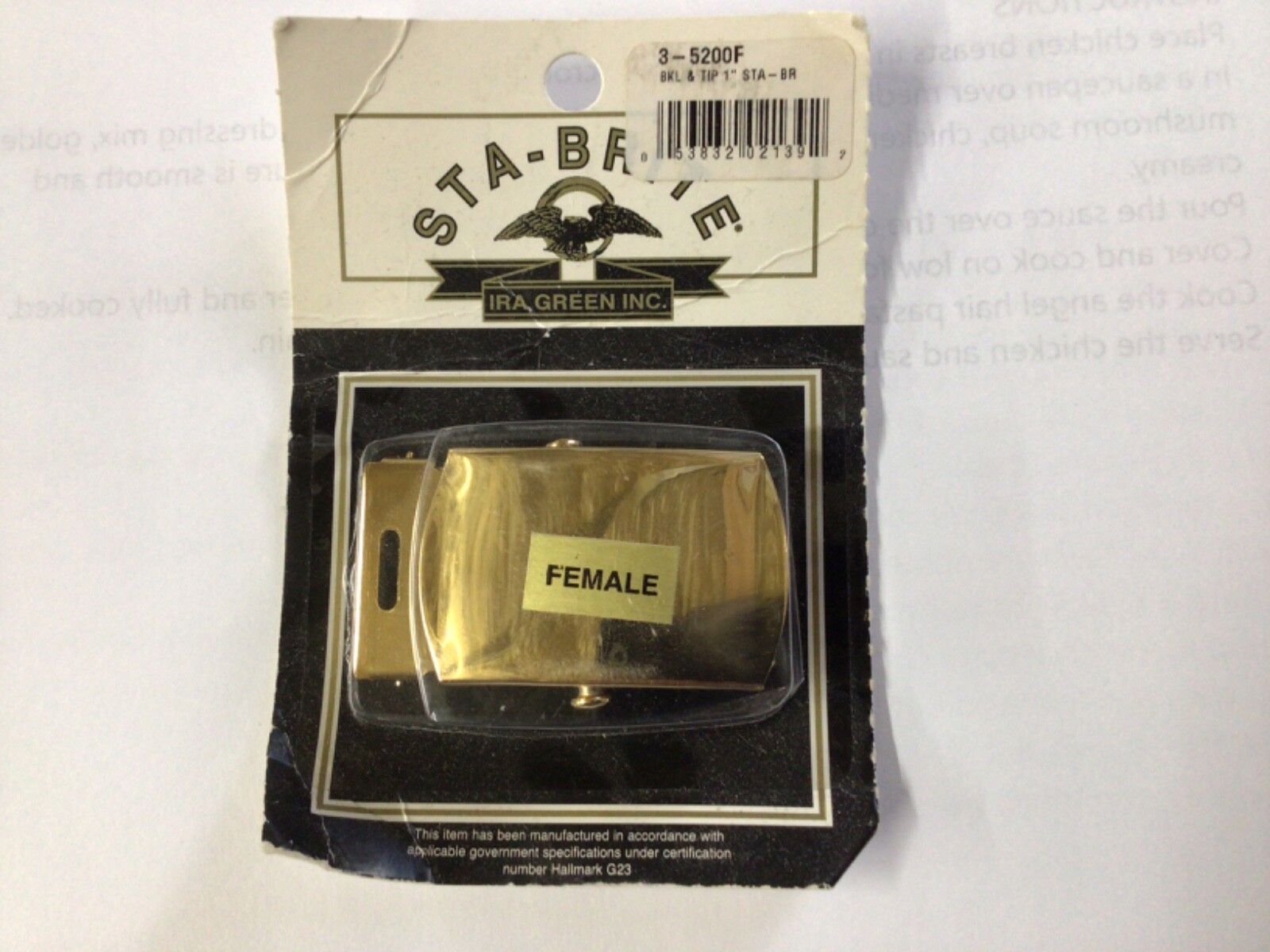 GENUINE U.S. ARMY BELT BUCKLE: GOLD BUCKLE AND TIP - FEMALE