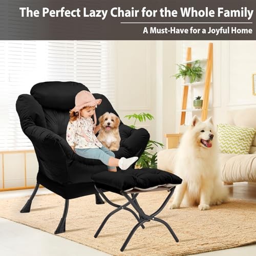 Lazy Chair with Folding Ottoman, Accent Chair Velvet Upholstered with Black-f