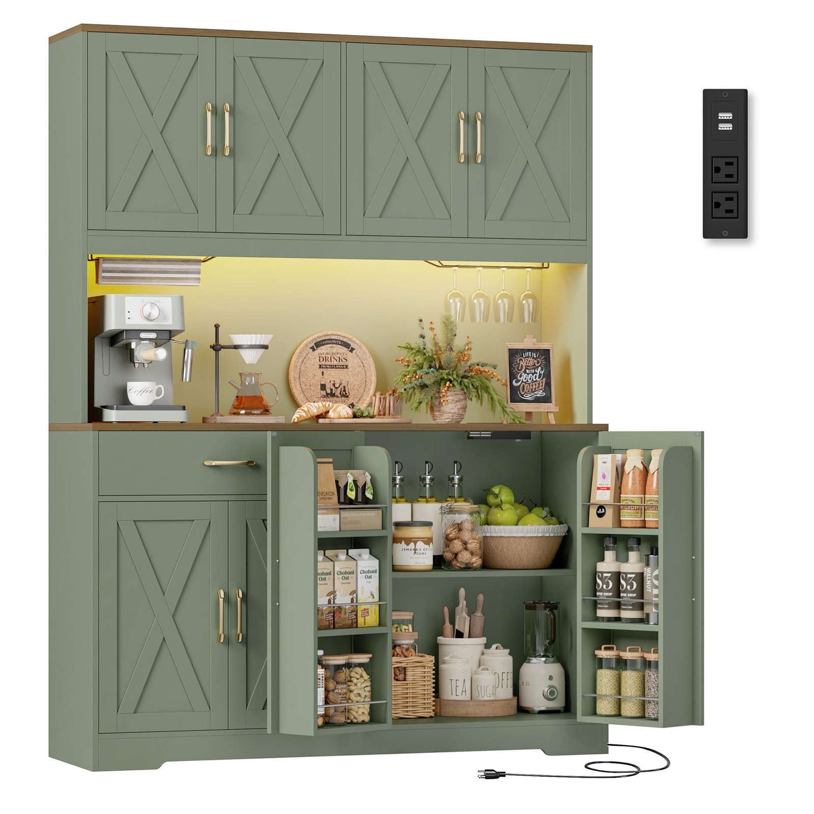 55" W Kitchen Pantry Storage Cabinet, 72" Tall Hutch Cabinet, Green