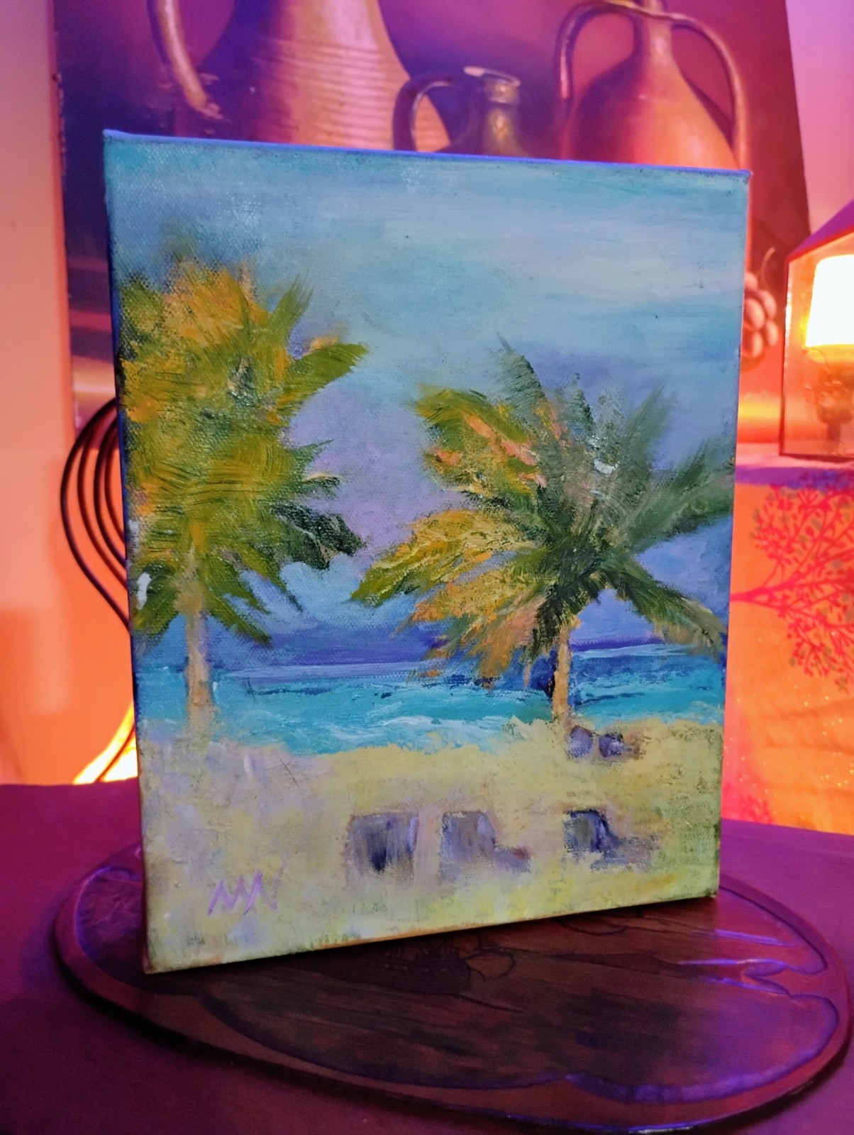 Original Oil Painting Palm Trees Beach Ocean Clouds Canvas Signed 8" x 10"