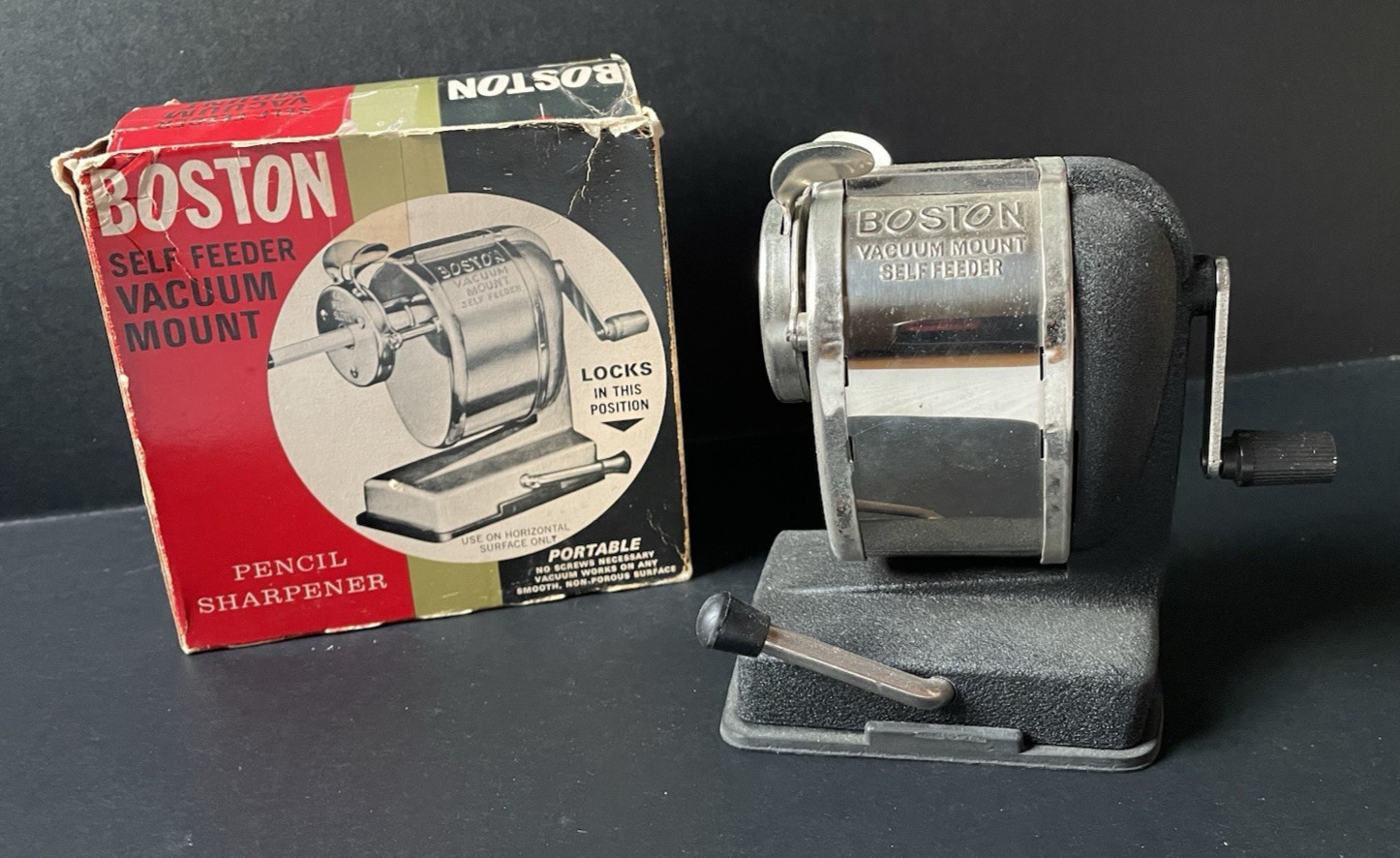 Vintage Boston Vacuum Mount Self Feeding Pencil Sharpener Model No. 1069 w/Box
