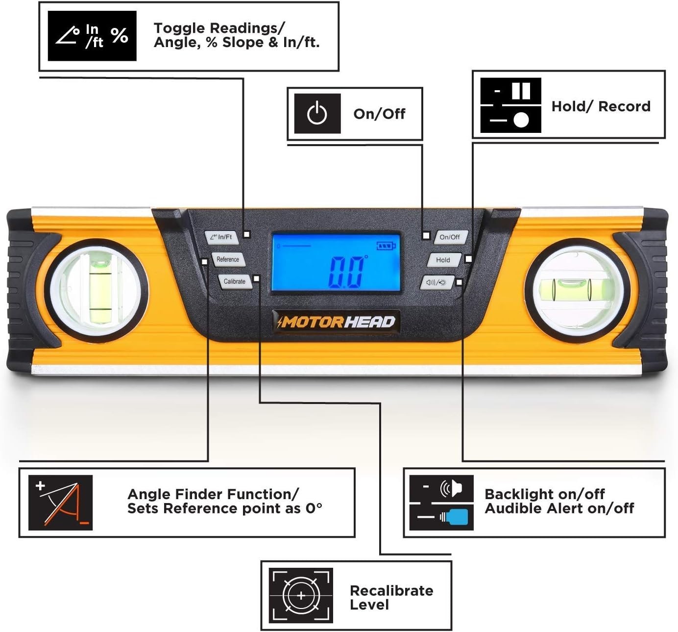 MOTORHEAD 10-Inch 0° - 180° SMART DIGITAL Level, LCD Screen, Audible Alerts,
