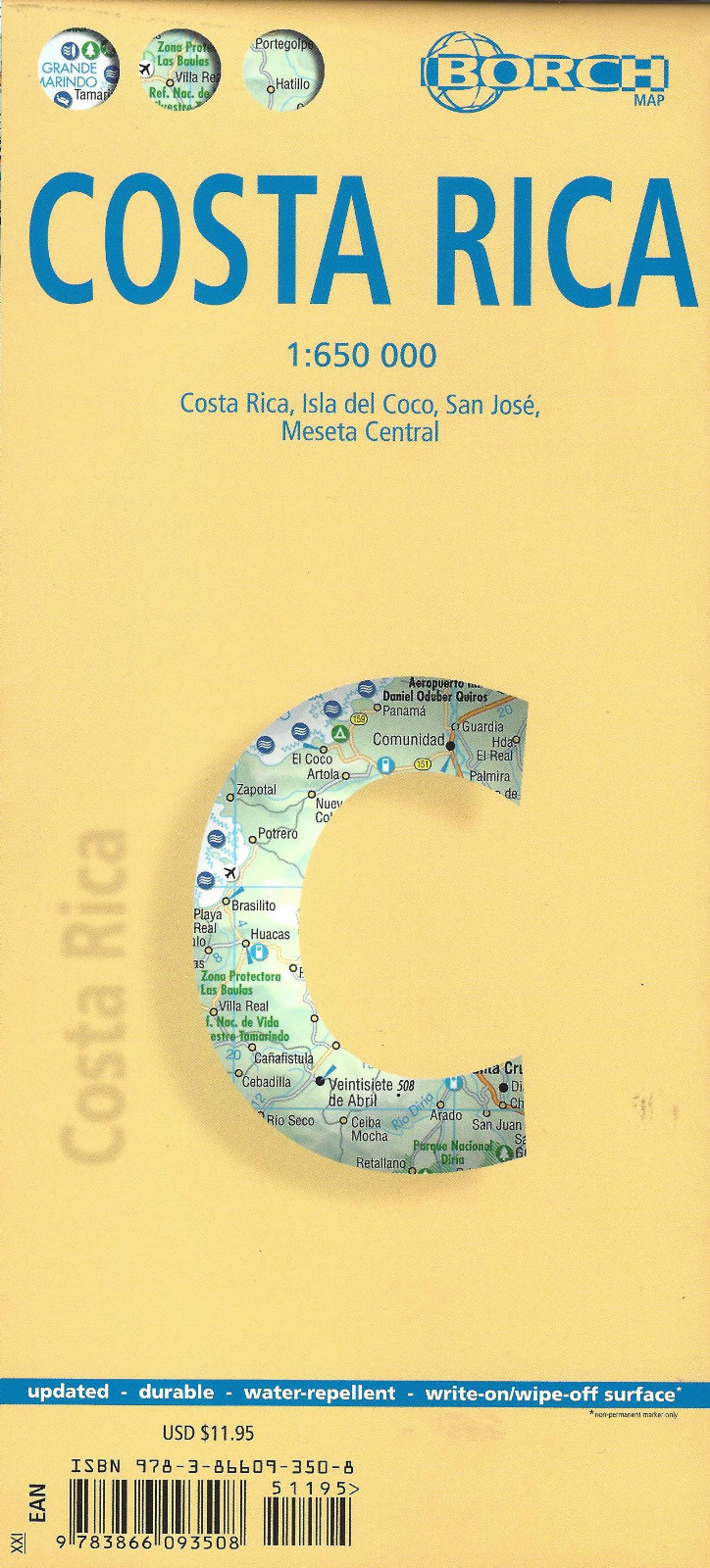 Costa Rica laminated Travel Reference Map, with San Jose Map by Borch, (2023)