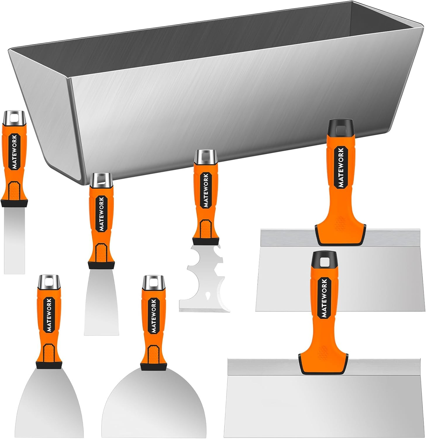 8Pcs Drywall Tools & Putty Knife Set with Hammer End, Mud Pan | 304 Hardened Sta