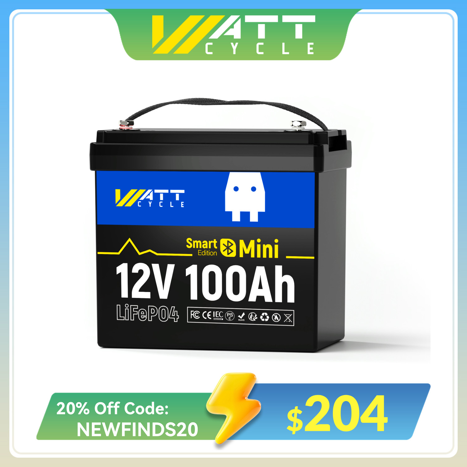 WattCycle 12V 100Ah LiFePO4 Lithium Mini Battery for RV Camping Marine Off-Grid