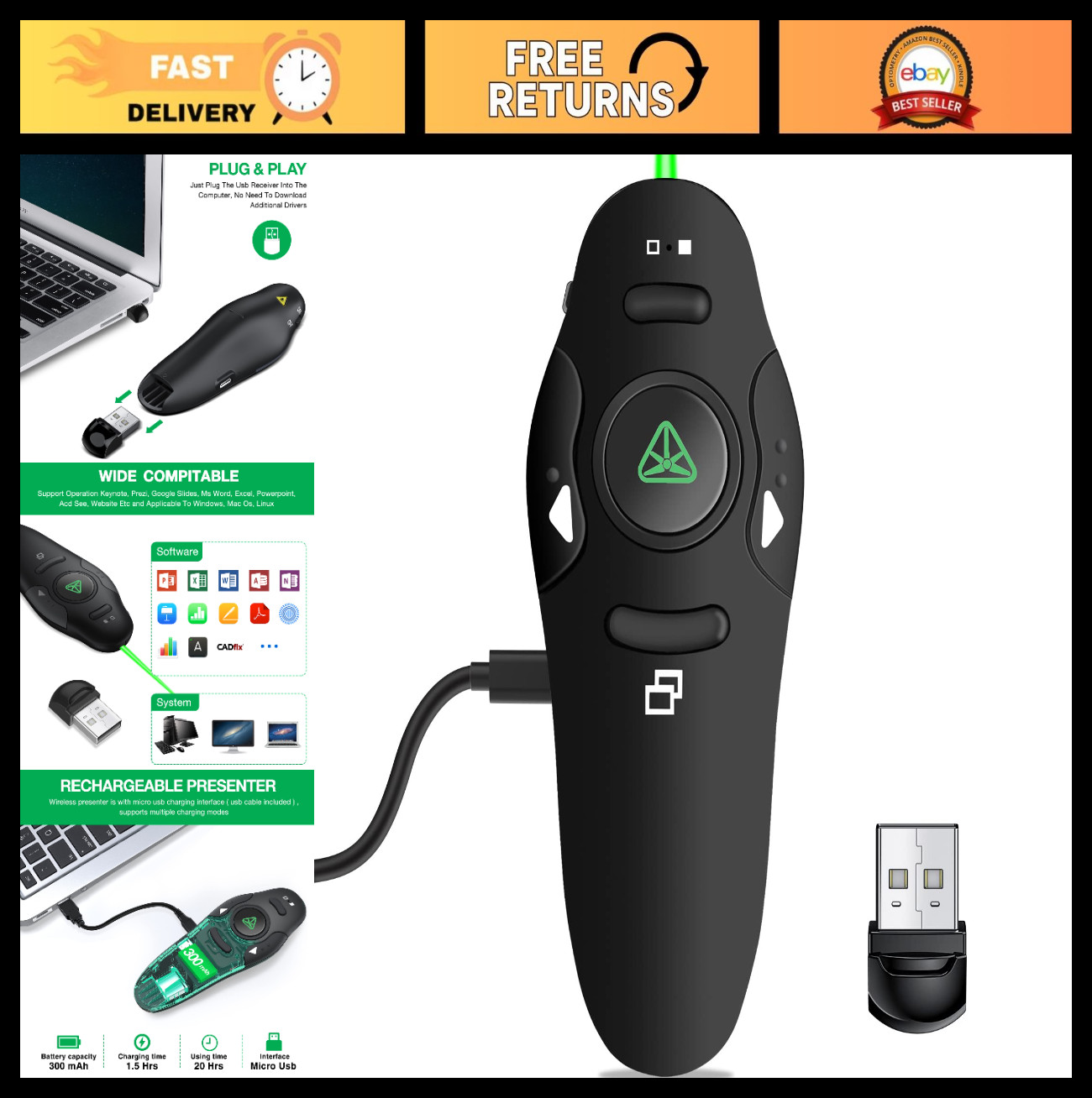 Wireless Presentation Clicker Remote with Green Laser Pointer for PowerPoint & G
