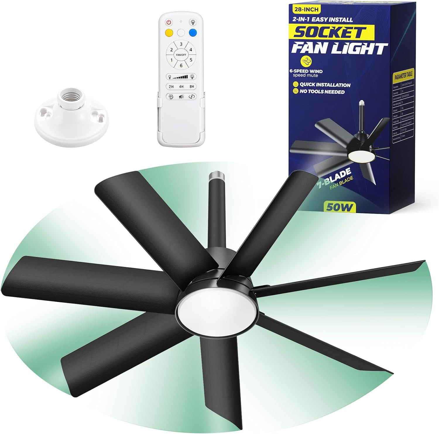 28" Socket Fan Light, 4000LM Ceiling Fan with Light | 3000K-6500K 3 Colors, 6 Sp