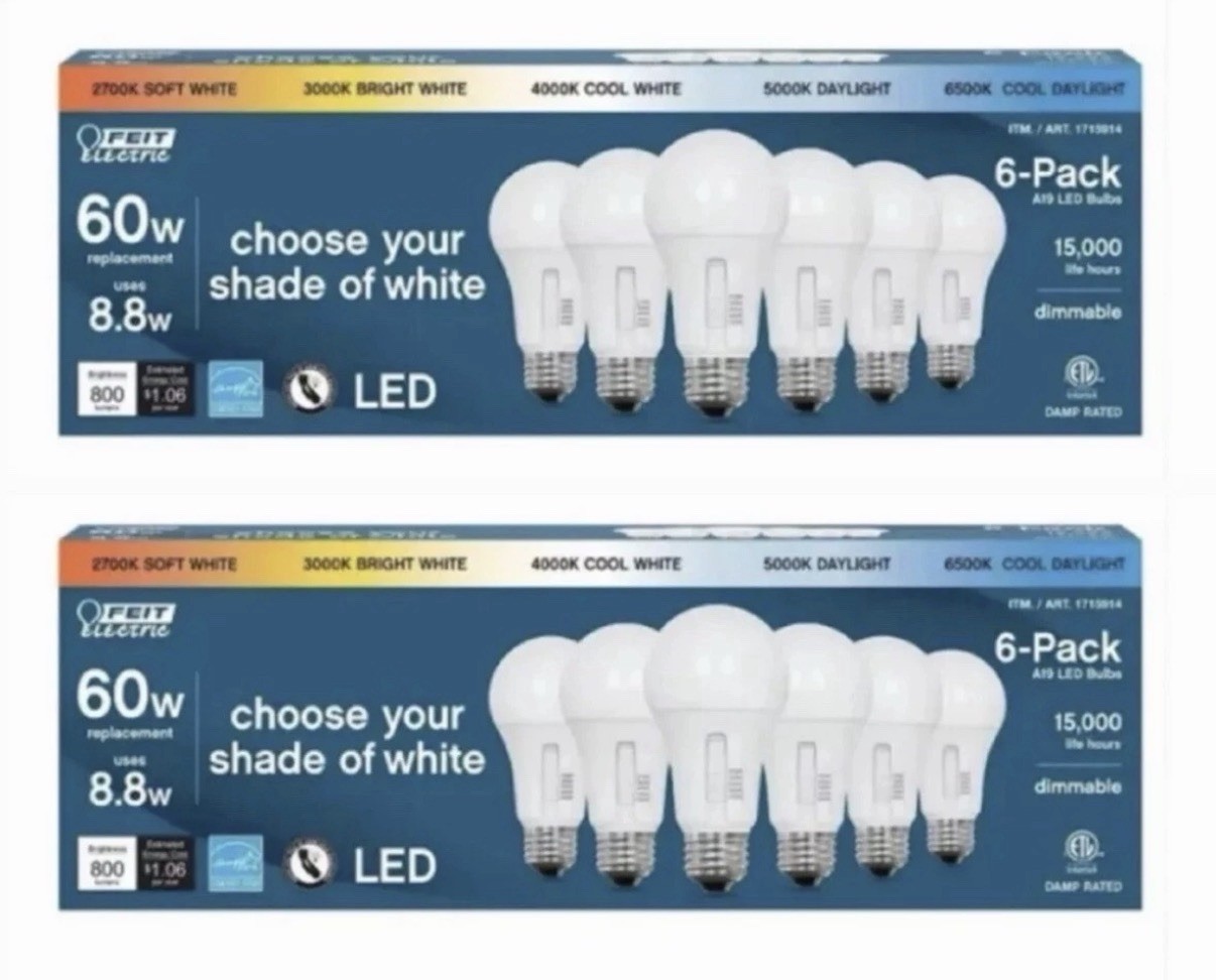 FEIT DIMMABLE A19 LED Bulbs - 5-Color Temps - 60W equiv (uses ONLY 8.8W) 12-Pack