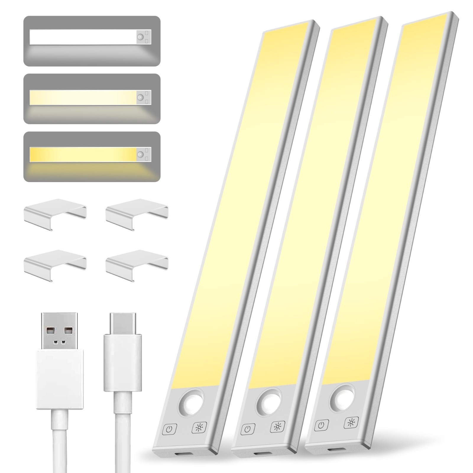 3Pack Under Cabinet Lighting Rechargeable Battery Motion Sensor Kitchen Light US