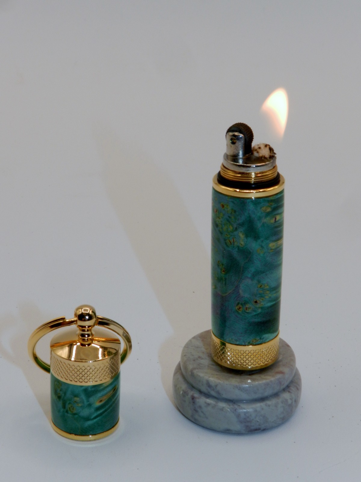 Handmade Key Chain Lighter, replaceable flint. Made w/ Dyed Box Elder Burl. #45
