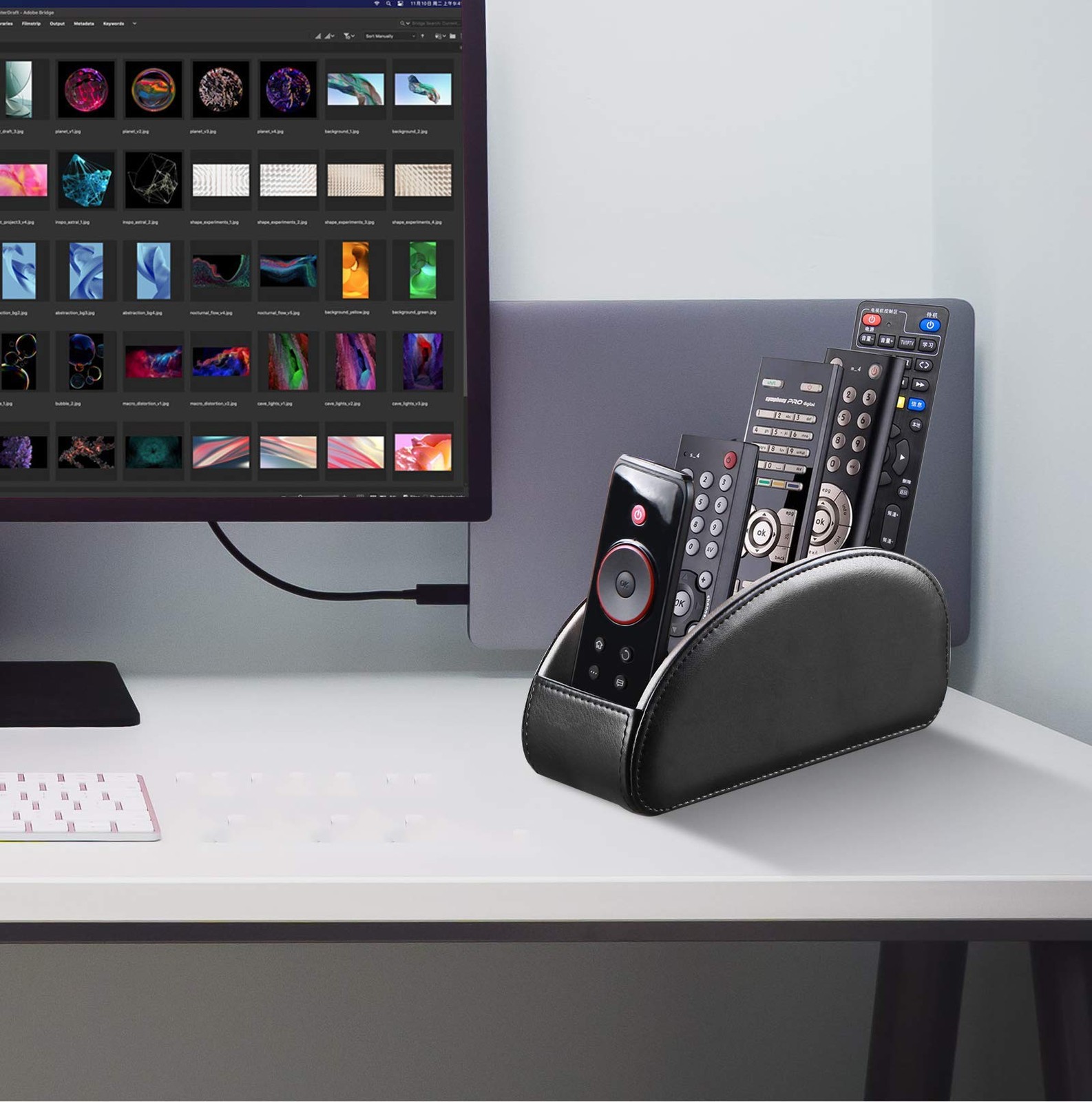 All-in-One Leather TV Remote Control Holder Black with 5 Compartments Nightst...