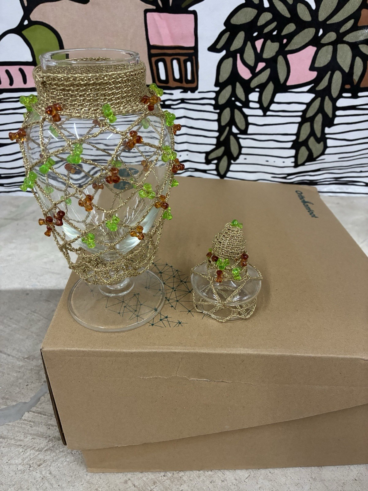 Decorative Glass Vase With Gold And Beaded Accents
