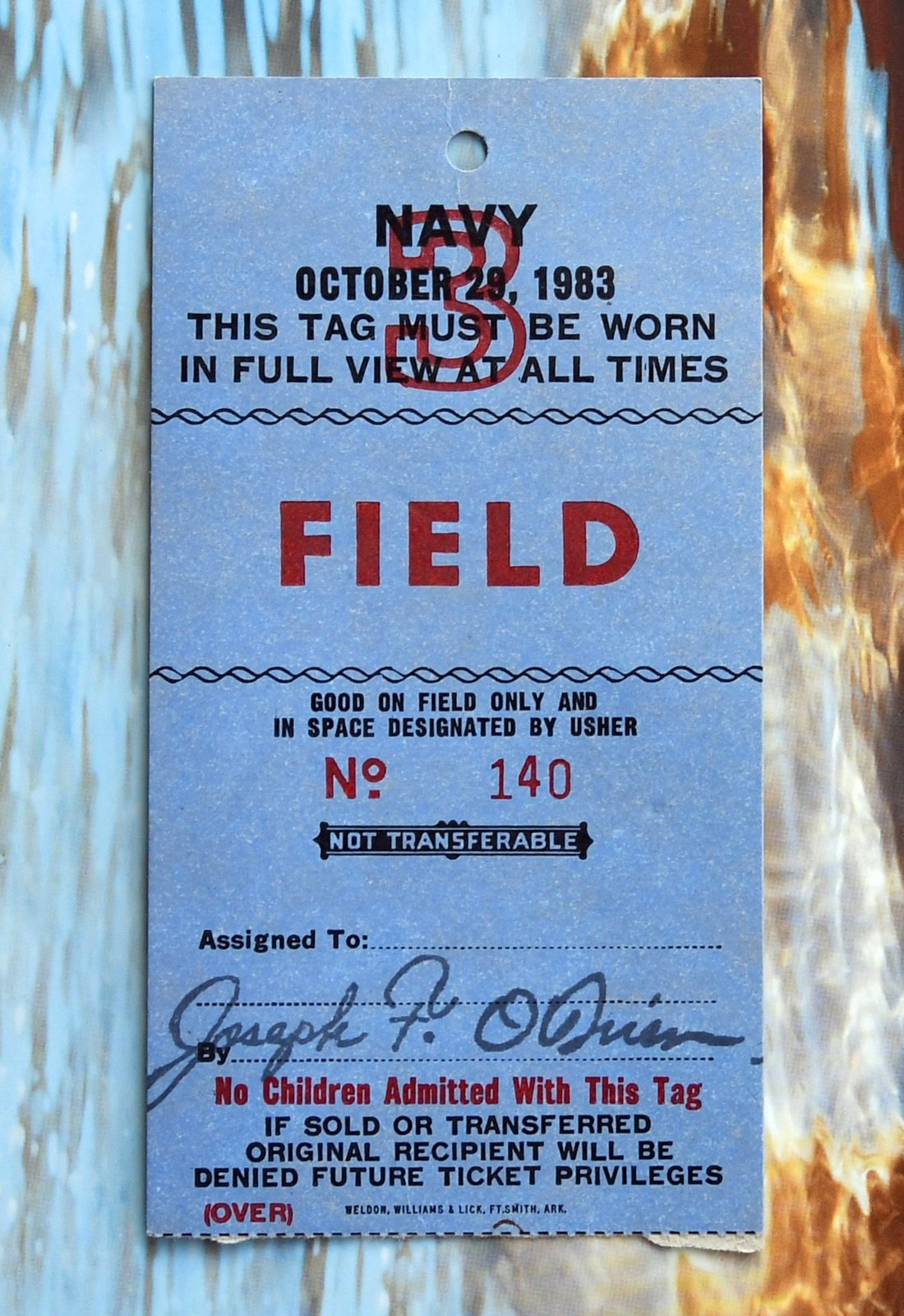1983 Notre Dame Fighting Irish vs Navy Midshipman Field Credential. RARE!
