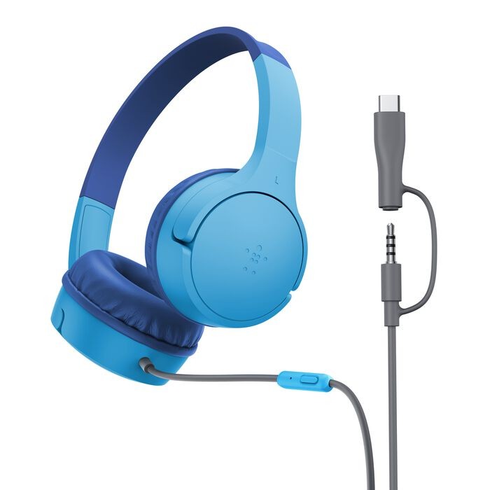 Belkin Kids Headphones Wired, Volume Limited, USB-C 3.5mm Parents Trusted - Blue