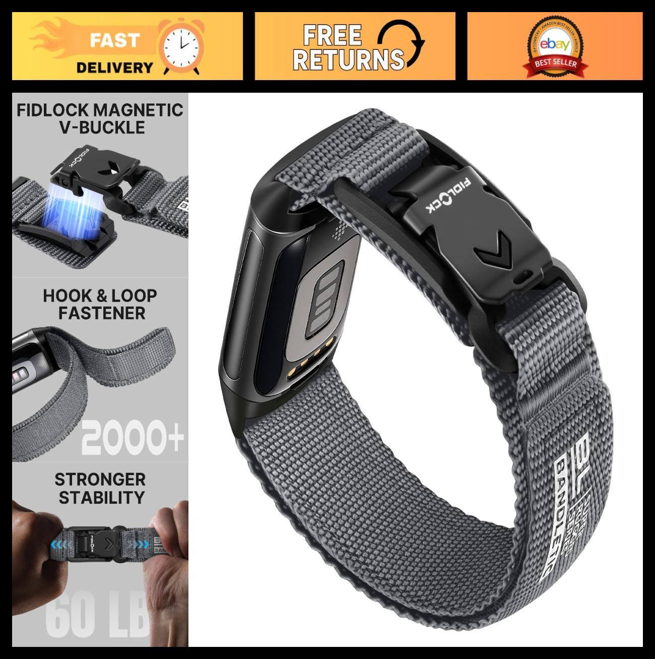 Rugged Soft Nylon Sport Bands for Fitbit Charge 5/6 - Magnetic Fidlock V-Buckle,