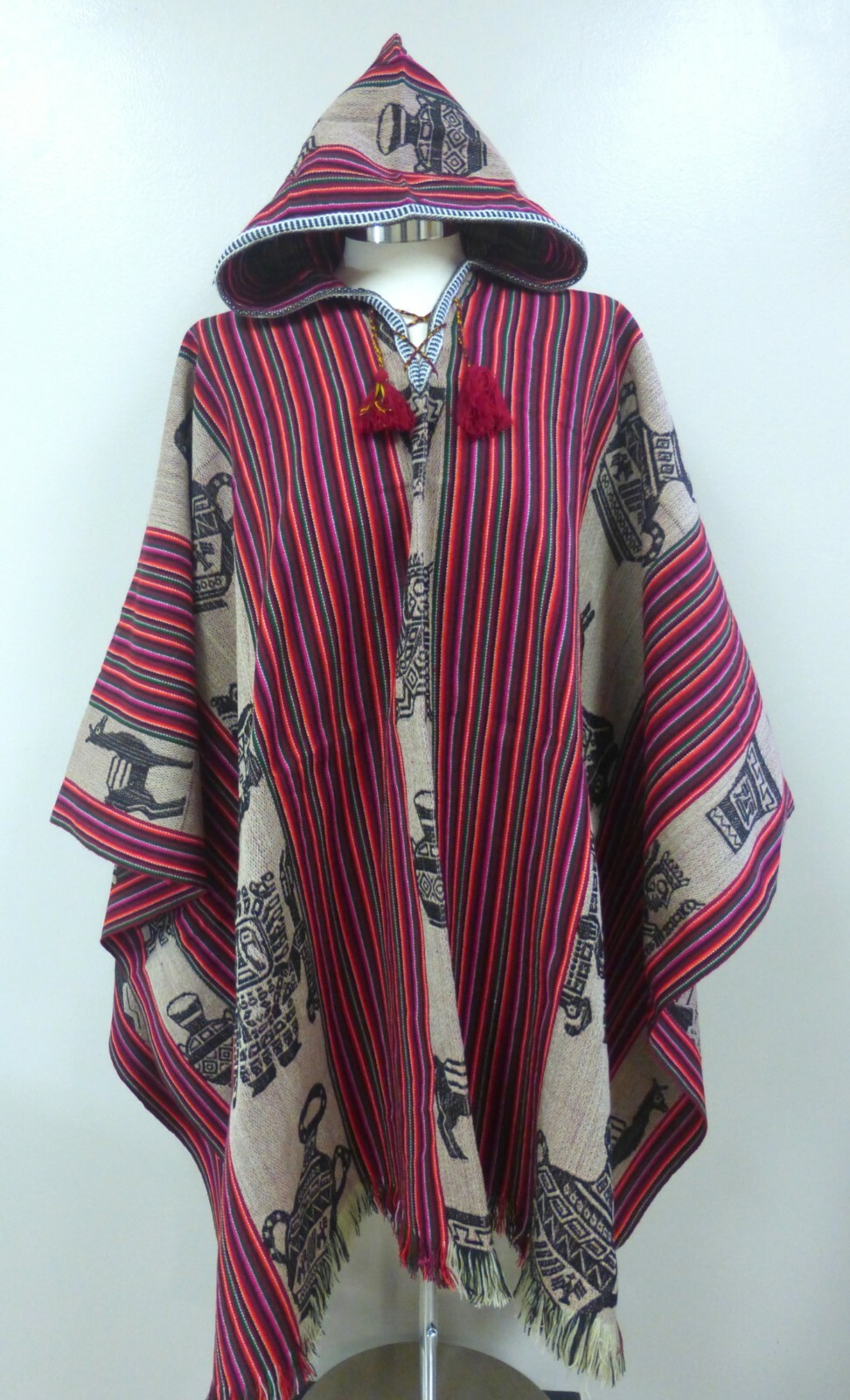 Peruvian Andean Shamans Hooded Red with Colored Designs Poncho