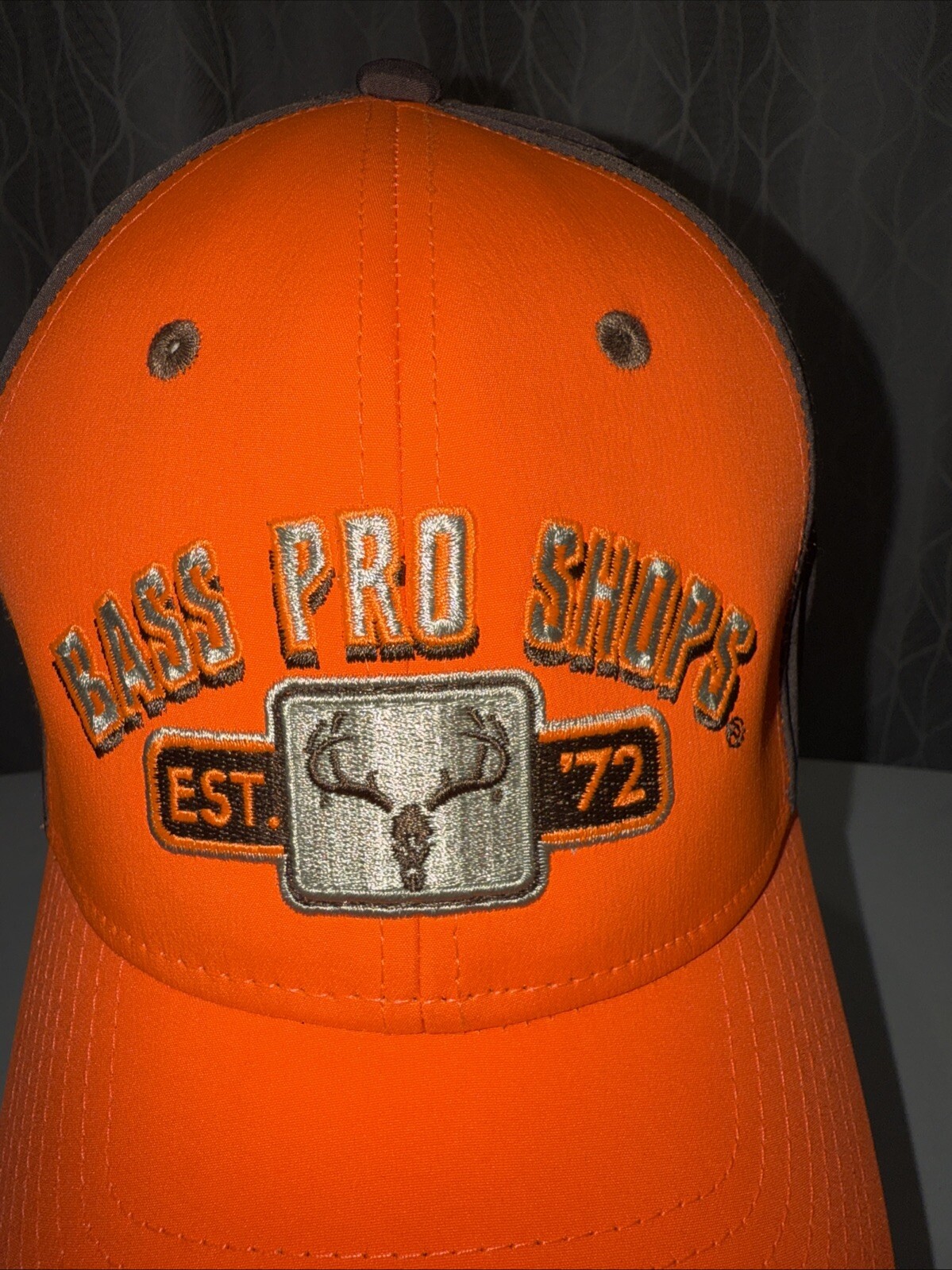Bass Pro Shops Fluorescent Orange Front w Brown Hat Cap Hook Loop Poly Spandex