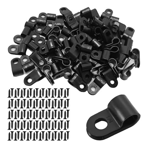 100Pcs R-Type Cable Clips Black Nylon Plastic Wire Clamps with Mounting 1/4"