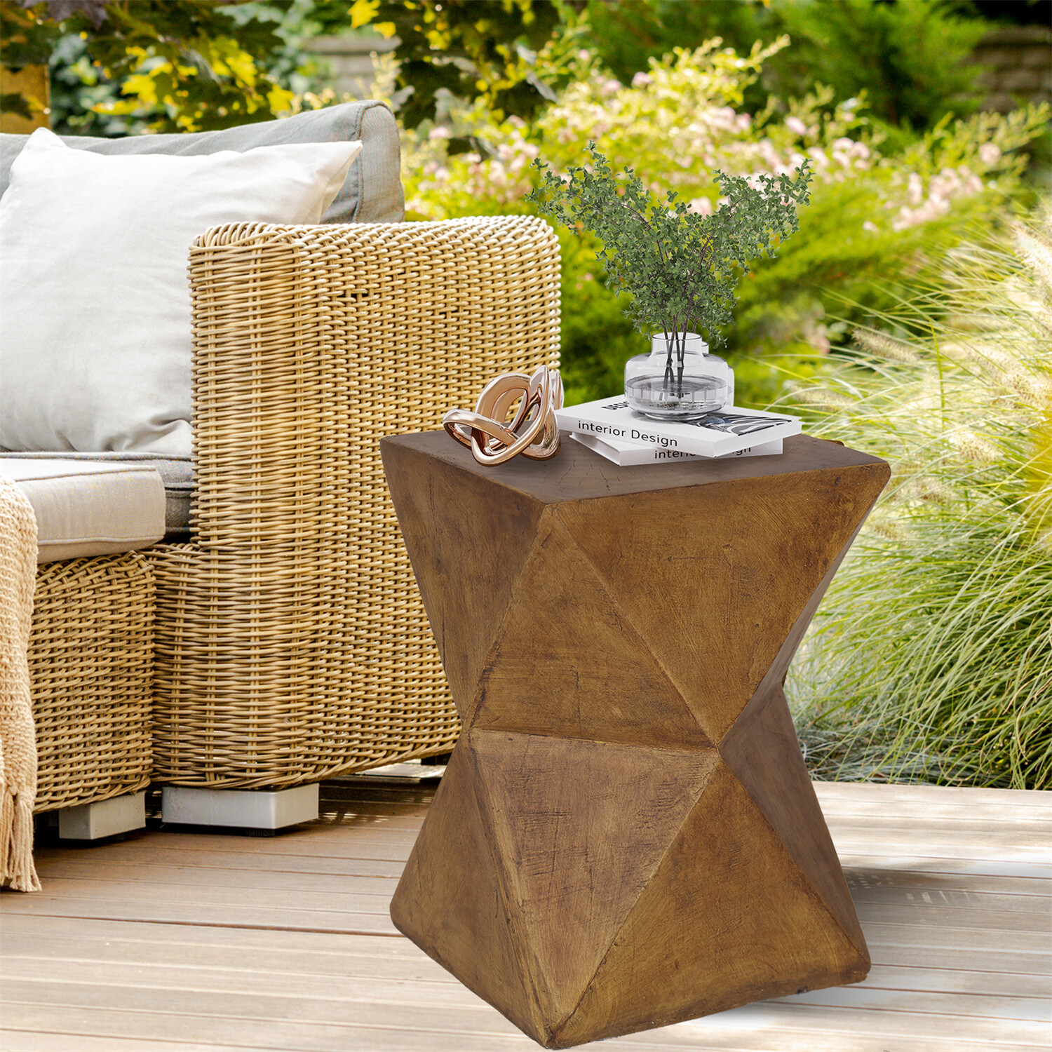 18'' Tall Unique Concrete Side Table Decor Outdoor Handmade End Table Geometric